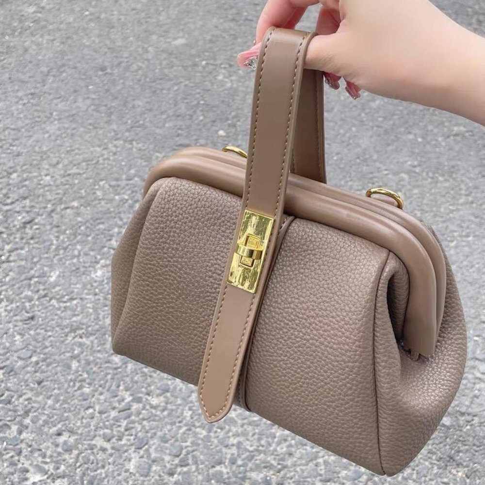 Unique top handle/crossbody vegan leather handbag - grey taupe